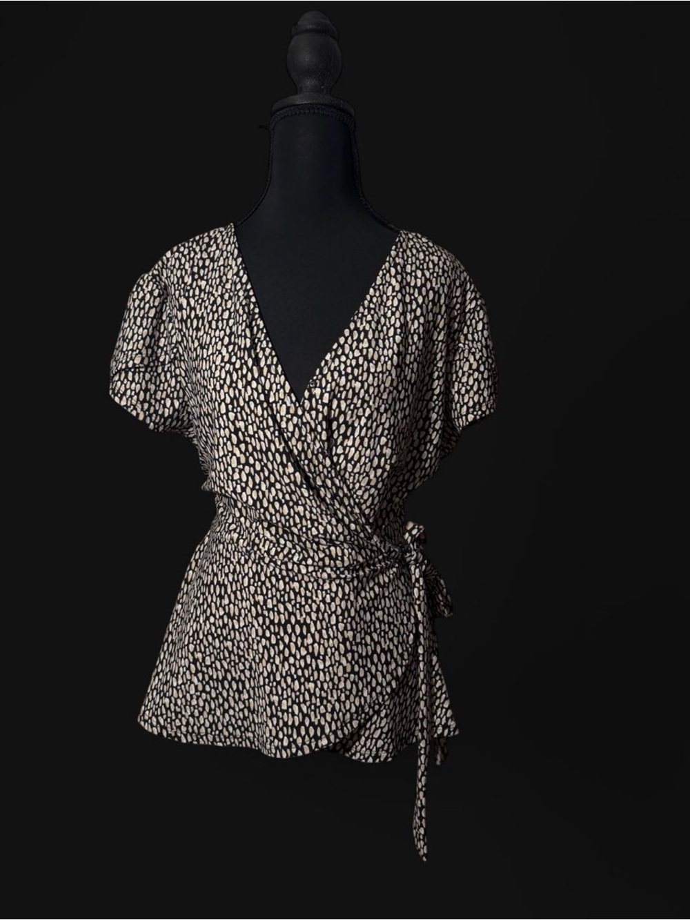AUW Wrap Tie Short Sleeve Blouse in Black and Cream Dot Print